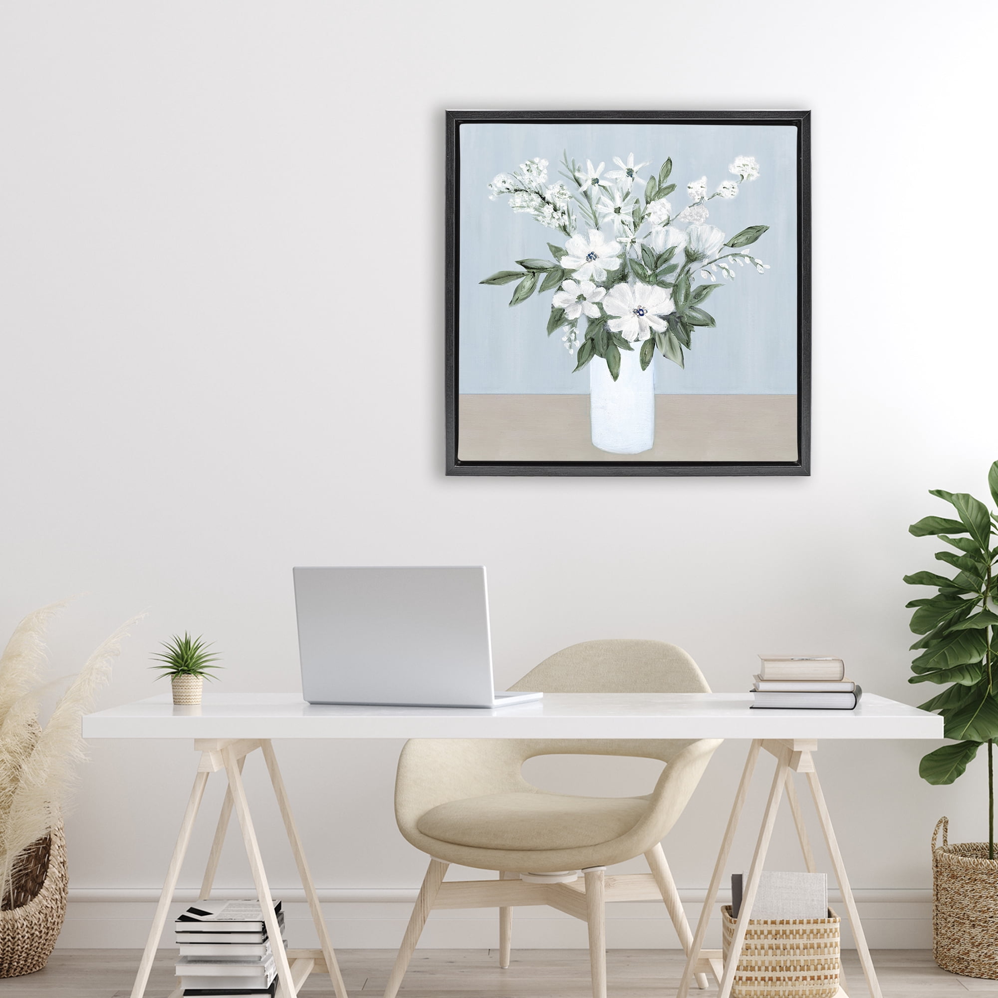Stupell Industries Mixed White Blooms on Blue Black Framed Floater Canvas Wall Art, design by Marilyn Dunlap