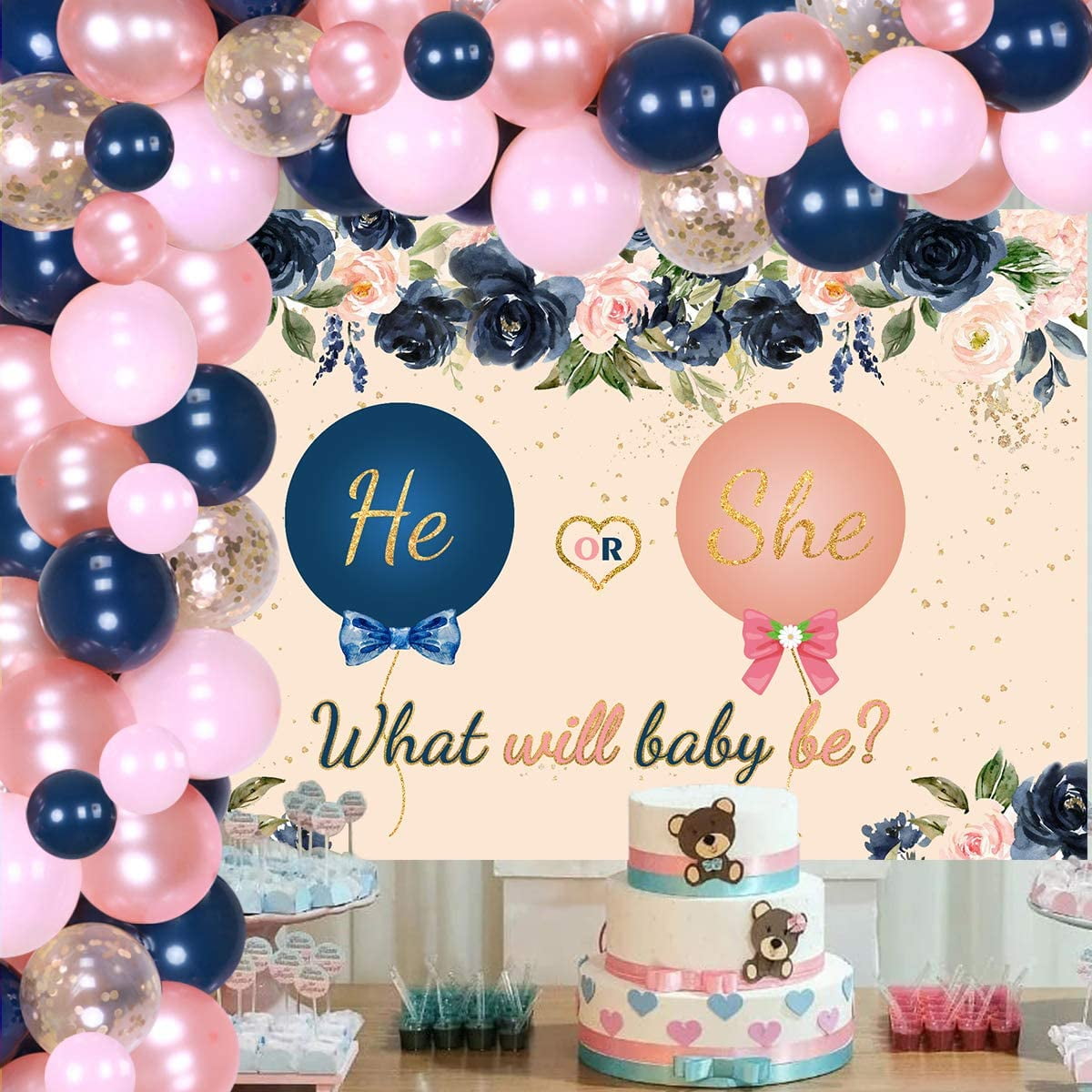 He or She Gender Reveal Decorations - Navy Blue Balloon Garland Arch Kit Reveal Party Backdrop Supplies, Rose Gold Confetti Latex Balloons for Baby Shower Gender Reveal Party Decor