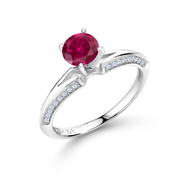 Gem Stone King 1.58 Ct Round Red Created Ruby 925 Sterling Silver Ring (Size 9)