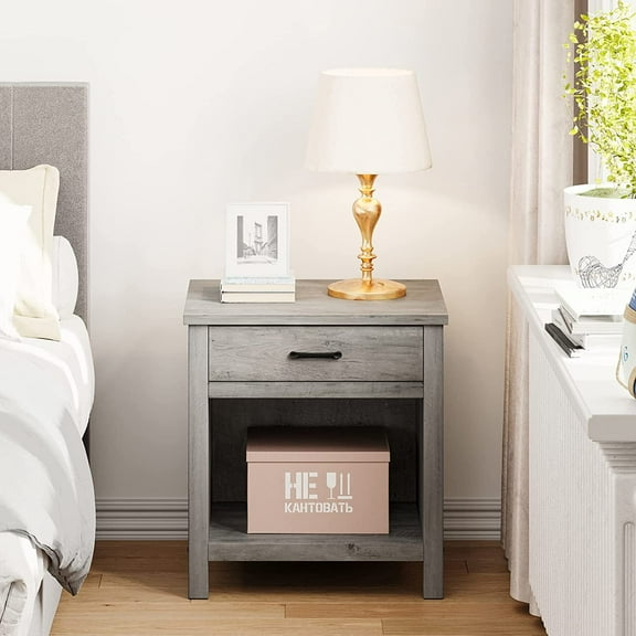 Yartaka Farmhouse Ranch Nightstand, with Storage Drawer,Rustic Grey