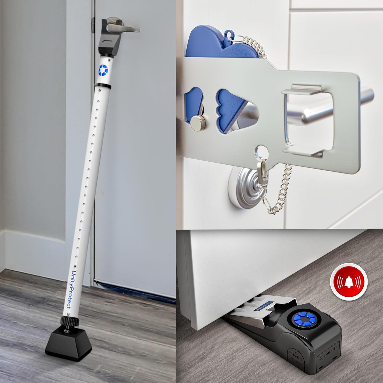 UnityProtect Door Stopper Set of 3 & Door Security Bar with Alarm and Portable Lock - Grey