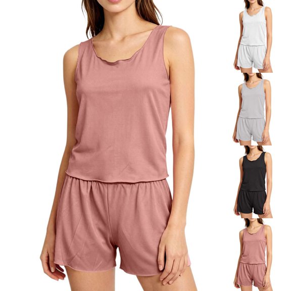 WHEANG Summer Pajamas for Women Set Summer Lightweight Loungewear Set Sleeveless Tank Top & Shorts 2 Piece Outfit Soft Casual Comfortable Sleepwear for Home Relaxing Daily Wear Size L White