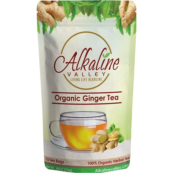 Ginger Tea Organic - 100% Alkaline - 15 Unbleached/Chemical-Free Ginger Tea Bags - Caffeine-Free, No GMO