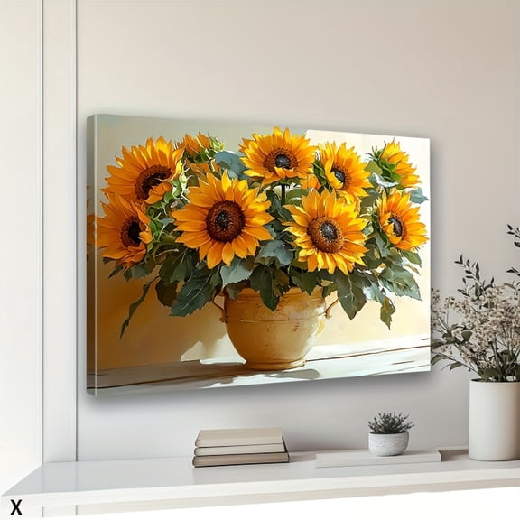 1pc Framed Wooden Canvas Wall Art - Vibrant Sunflower Bouquet in Vase, Classic Art Deco Style, Horizontal Ready-to-Hang Home Decor for Living Room, Bedroom, Kitchen,