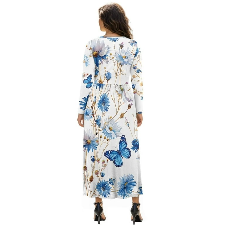 Fkelyi Blue Butterfly Flower Print Long Sleeve Maxi Dress for Women V-Neck Soft Casual Dress Flowy A-Line Dresses with Side Pockets for Party Wedding,