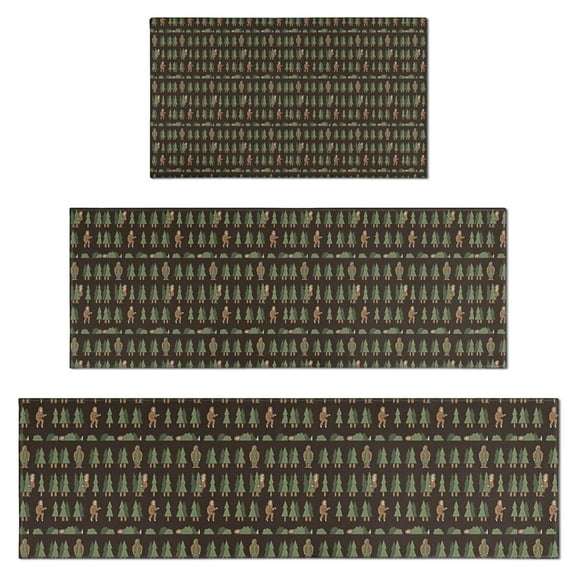 Dark Brown Bigfoot and Tree Pattern Kitchen Rugs Sets Of 3,Kitchen Runner Rugs Non Skid Washable,Decorative Kitchen Floor Mats for Kitchen,Sink,Laundry,17"x30" 17"x47" 17"x59"