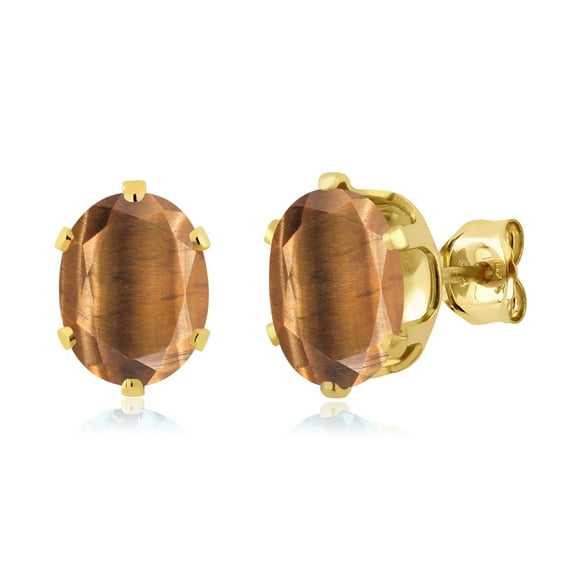 Gem Stone King 2.50 Ct Oval 8x6mm Brown Tiger Eye 18K Yellow Gold Plated Silver Stud Earrings for Women Men