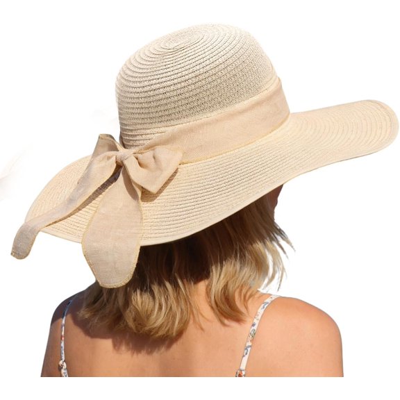 Sun Beach Hats for Women Trendy Summer Straw Hat Boho Bow Wide Brim Packable Hat