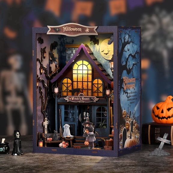 DIY Book Nook Kit, Hallowen Witch House 3D Wooden Puzzle for Bookshelf Insert Decoration, Miniature Tiny House Craft for Adults & Teens, Gift Idea for Hallowen