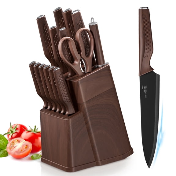 Vesteel Knife Block Set for Kitchen, 15-Piece High Carbon Stainless Steel Knives Set with Ergonomic Handle, Ultra-sharp & Rust Resistant, Walnut Brown