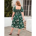 thumbnail image 3 of Rose Round Womens Plus Size Square Neck Smocked Midi Dress Floral Casual Dress with Puff Sleeve & Pockets (Green, XL), 3 of 4
