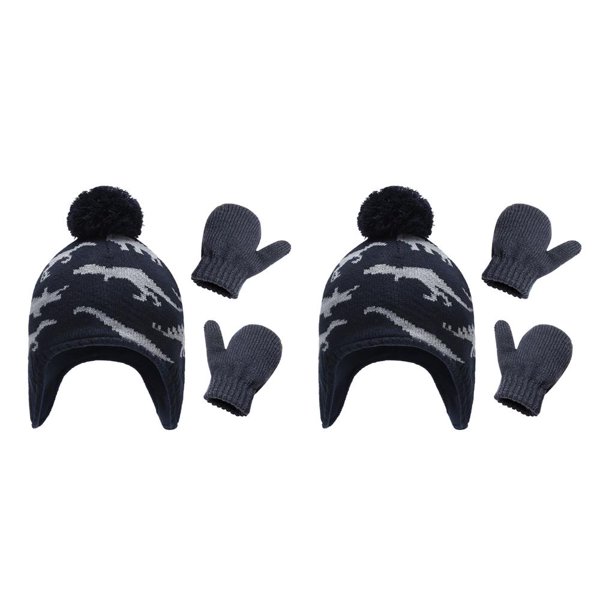 sweethay Gorro Conjunto de guantes Diseño de orejeras Gorros para niños con patrones de dinosaurios Dibujos animados con elasticidad gris azulado S 1-2 ans 2Conjunto