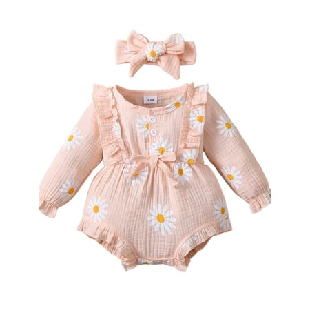

uukiA Infant 0-12 Months Newborn Baby Girl Printed Ruffle Long Sleeve Romper And Hairband Two Piece Set
