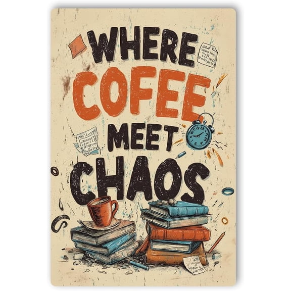 Where Coffee Meets Chaos Metal Poster by DC | Vintage Tin Sign Wall Art for Indoor Use | 12x18" Rust-Free Aluminum Decor for College | UV Protected & Weatherproof Print | Made in USA