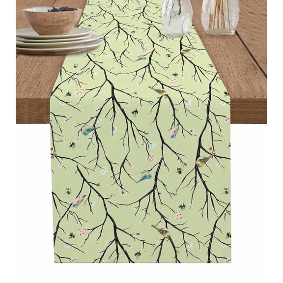 Ldtrchee Tree Birds Table Runner 48 Inches, Country Vintage Flower Floral Bee Spring Bed Runner Dresser Scarves Tabletop for Indoor Outdoor Parties/Ceremony/Banquet, 13" x 48"