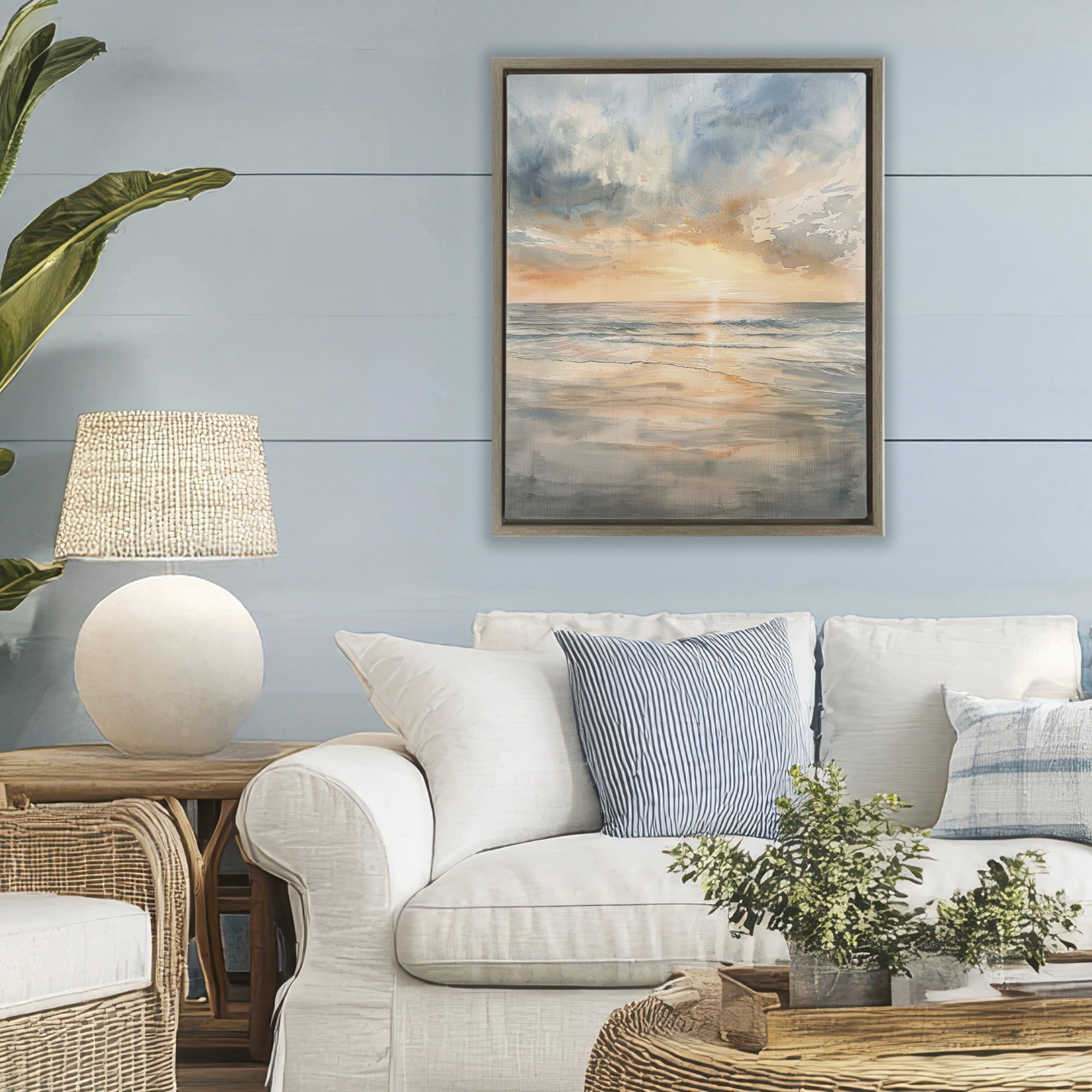Stupell Industries Coastal Sunset over Gentle Waves Brown Framed Floater Canvas Wall Art, design by Petal Prints Design
