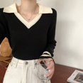 thumbnail image 1 of Rimocy - Suéteres coreanos de punto con cuello en V para mujer, suéteres cortos de otoño e invierno, suéter de punto de manga larga a rayas para mujer, 1 of 5