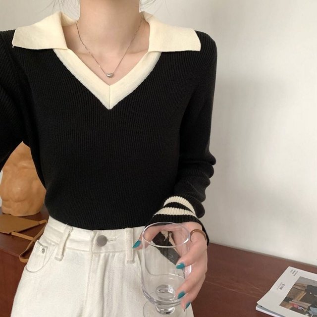 Rimocy - Suéteres coreanos de punto con cuello en V para mujer, suéteres cortos de otoño e invierno, suéter de punto de manga larga a rayas para mujer