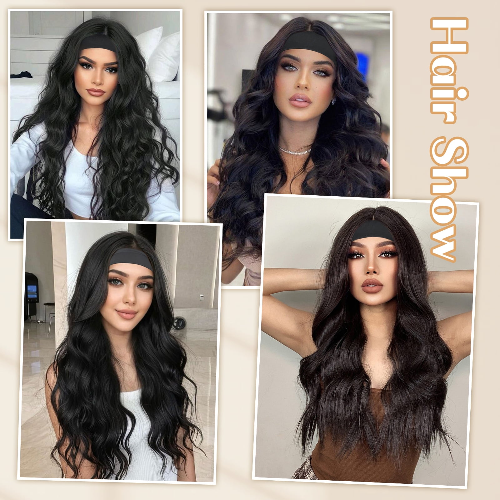 Phocas Long Black Headband Wig for Women，20inch Synthetic Realistic Wavy Wig no Bangs