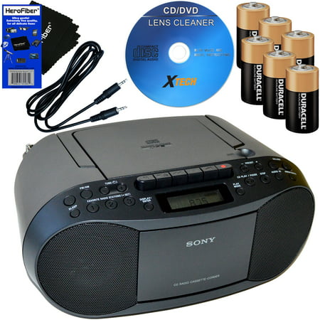 Sony Portable CD Player Boombox with AM/FM Radio & Cassette Tape Player + 6 Batteries + CD Maintenance Kit + Auxiliary Cable for Smartphones, MP3 Players & HeroFiber Ultra Gentle Cleaning