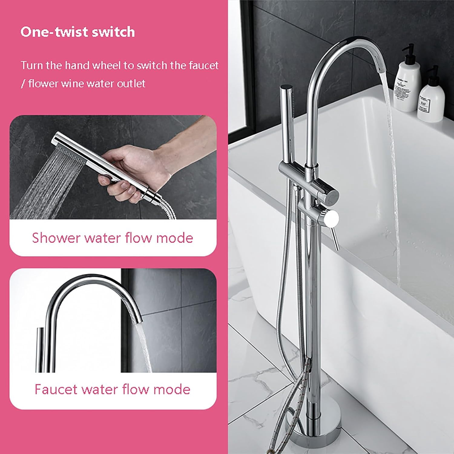 Freestanding Tub Faucet with Hand Shower, Modern Floor Mount Bathtub Filler Set, High Flow Waterfall Spout, Bath Tub Faucet for Soaking Tub and Bathroom Remodel