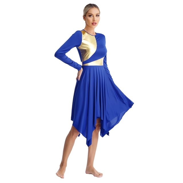 inlzdz Women's Metallic Praise Dance Tunic Long Sleeve Color Block Cross Performance Lyrical Dance Dress Blue XXL