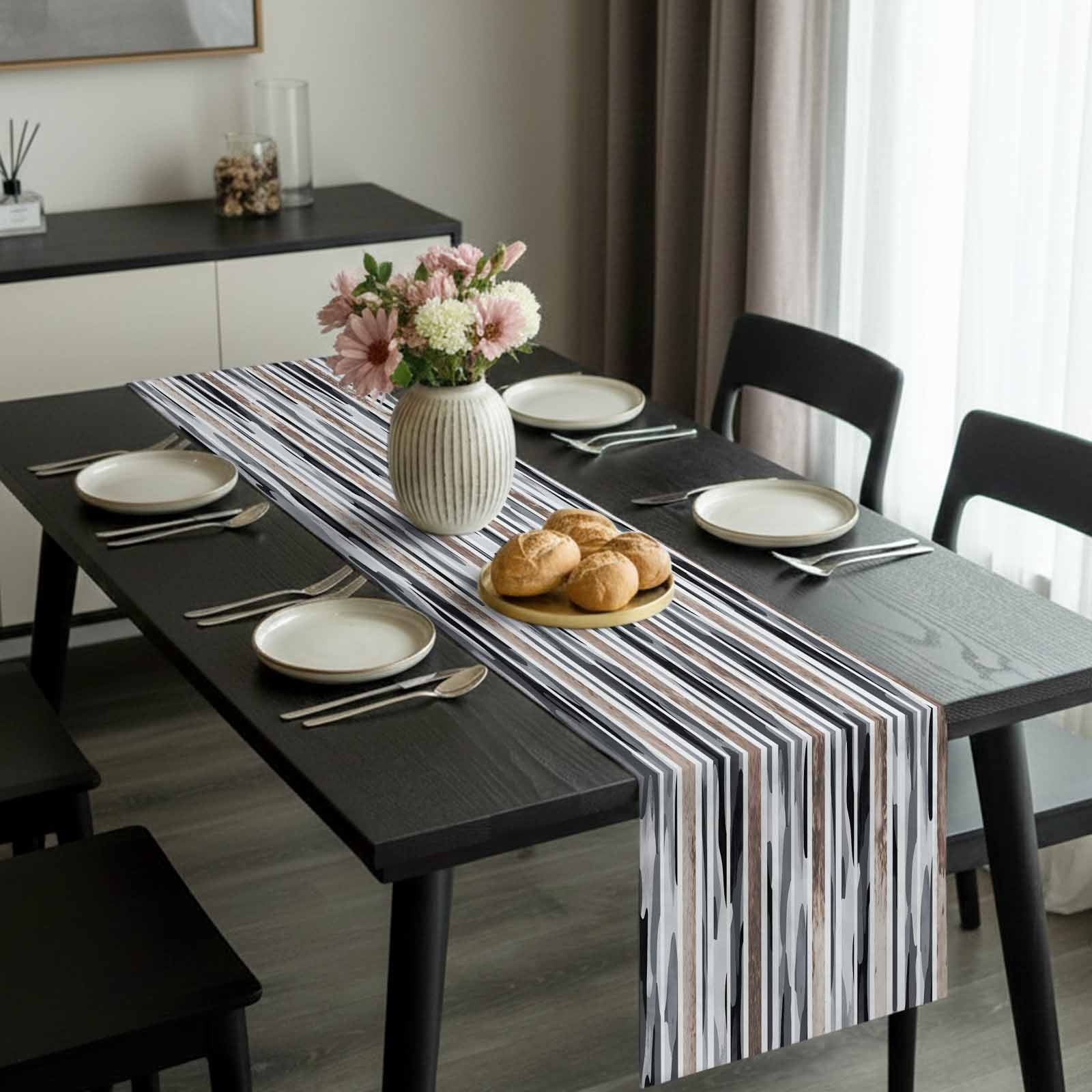 Gray Gradient Camo Table Runner, Abstract Mottled Stripe Vintage Washable Cotton-linen Table Runners Dining Kitchen Decoration for Everyday Home Wedding Party Decor, 13 x 90 Inch
