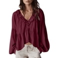 thumbnail image 2 of ClodeEU Women's V Neck Long Sleeve Ruffled Blouse,Casual Loose Fit Boho Tunic Shirt Red,Women's Plus S, 2 of 6
