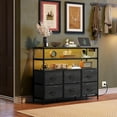 thumbnail image 2 of CZMDZH Black TV Stand for 40, 45 inch TV, Entertainment Center with LED Lights & Charging Station, TV Media Console Table with 6 Fabric Drawers and Open Shelves for Living Room, Hallway, Wood Top, 2 of 16