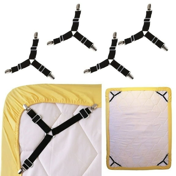 4 Pack Durable Triangle Mattress Sheet Holders, Adjustable Elastic Bed Straps with Strong Metal Clips for Securing Sheets, Quilts, Sofa Cushions, and Bedding