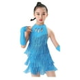 thumbnail image 4 of FAOWME Girls Performance Latin Dance Jumpsuit Onesie Training Fringe Skirt Competition Sky Blue 6-7 Years, 4 of 4