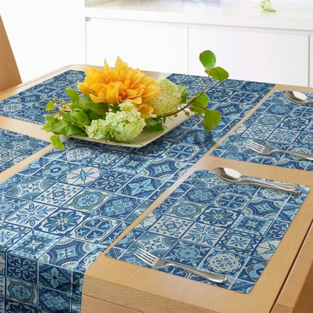 

Vintage Blue Table Runner & Placemats Ethnic Mosaic Tile Inspired Ornament of Blossoming Motives in Squares Set for Dining Table Decor Placemat 4 pcs + Runner 14 x72 Pale Sage Green by Ambesonne