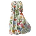 thumbnail image 1 of Pisexur Robes d'Été pour Femmes Mode Bohème à Imprimé Floral Robe Maxi Tunique Décontractée Taille Élastique Robe Soleil Col Rabattu Boutonnée Longue Robe Manches 3/4 Col en V Fluide Coton Lin Robe de Plage, 1 of 3