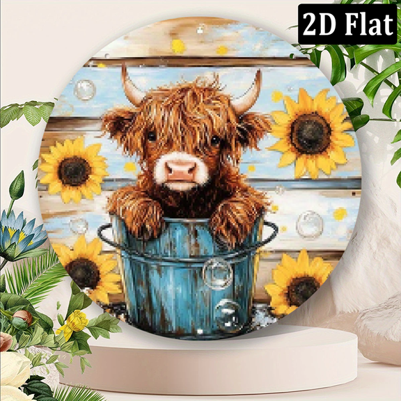 2D Flat 1pc Rustic Highland Cow Sunflowers Round Aluminum Wall Art - Retro Sign Decor for Home, Bar, or Office, 8x8 Inch (20x20cm), Easy to Install with Pre-Drilled Holes, Room Decor