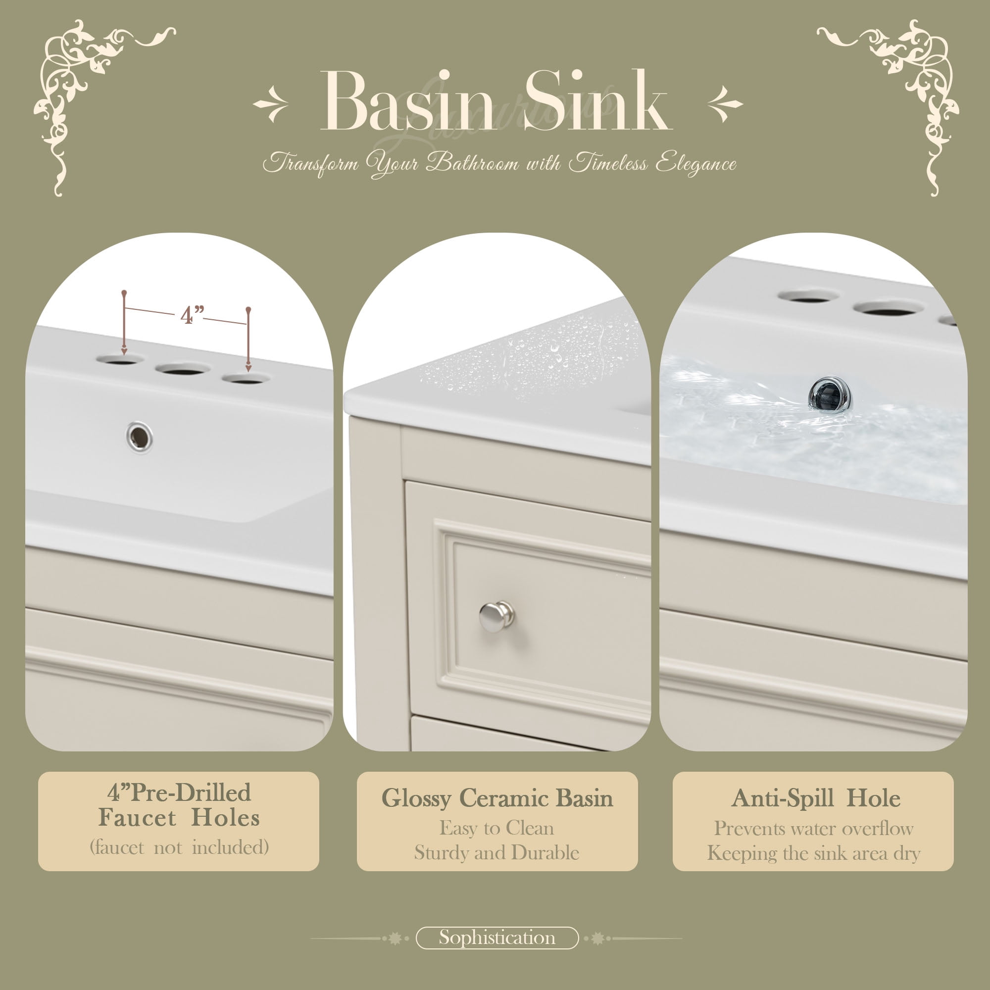 Euroco 36" Bathroom Vanity Cabinet with Sink Combo Set, Undermount Ceramic Sink, Free Standing Vanity Set with 4 Drawers, Solid Wood Frame Bathroom Cabinet, Beige