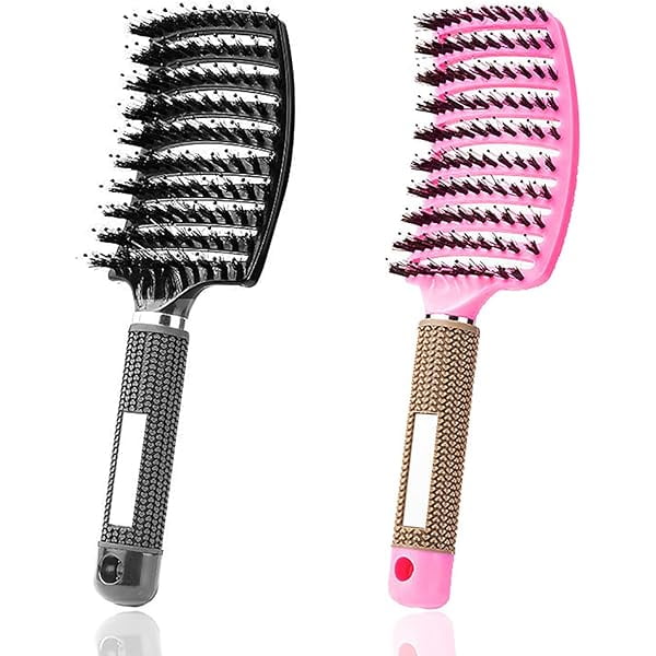 wonima11 2PC Curved Vented Detangling Hair Brush, Boar Bristles Curly Hair Brush, Wet Dry Detangler Hair Brushes for Women/Men/Kids’ Long, Thick, Thin, Curly & Tangled Hair (Pink & Black)