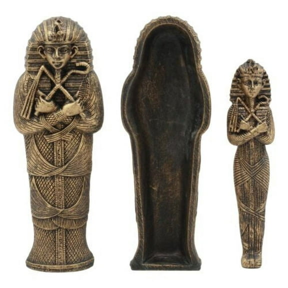 Bronzed Small Ancient Egyptian Pharaoh King Tut Sarcophagus With Mummy Statue