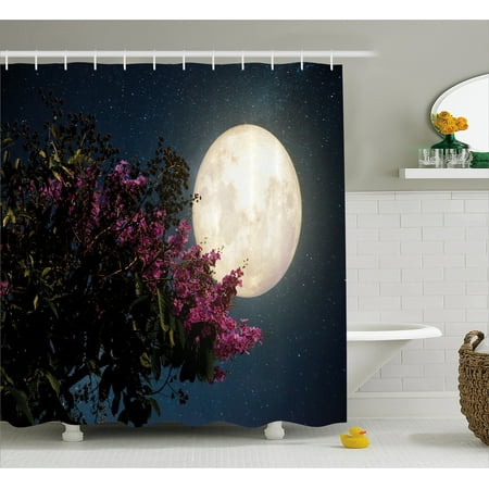Moon Shower Curtain, Cherry Blossom with Stars from Milky Way Eastern Night Sky Full Moon, Fabric Bathroom Set with Hooks, 69W X 84L Inches Extra Long, Magenta Ivory Dark Blue, by (Best Way To Remove Silicone From Shower)