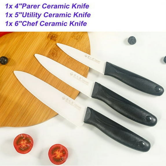 MAXFAVOR Black 3pcs Ceramic Kitchen Knife Set Slicing Utility Paring 4" 5" 6" Knives Blade + Base