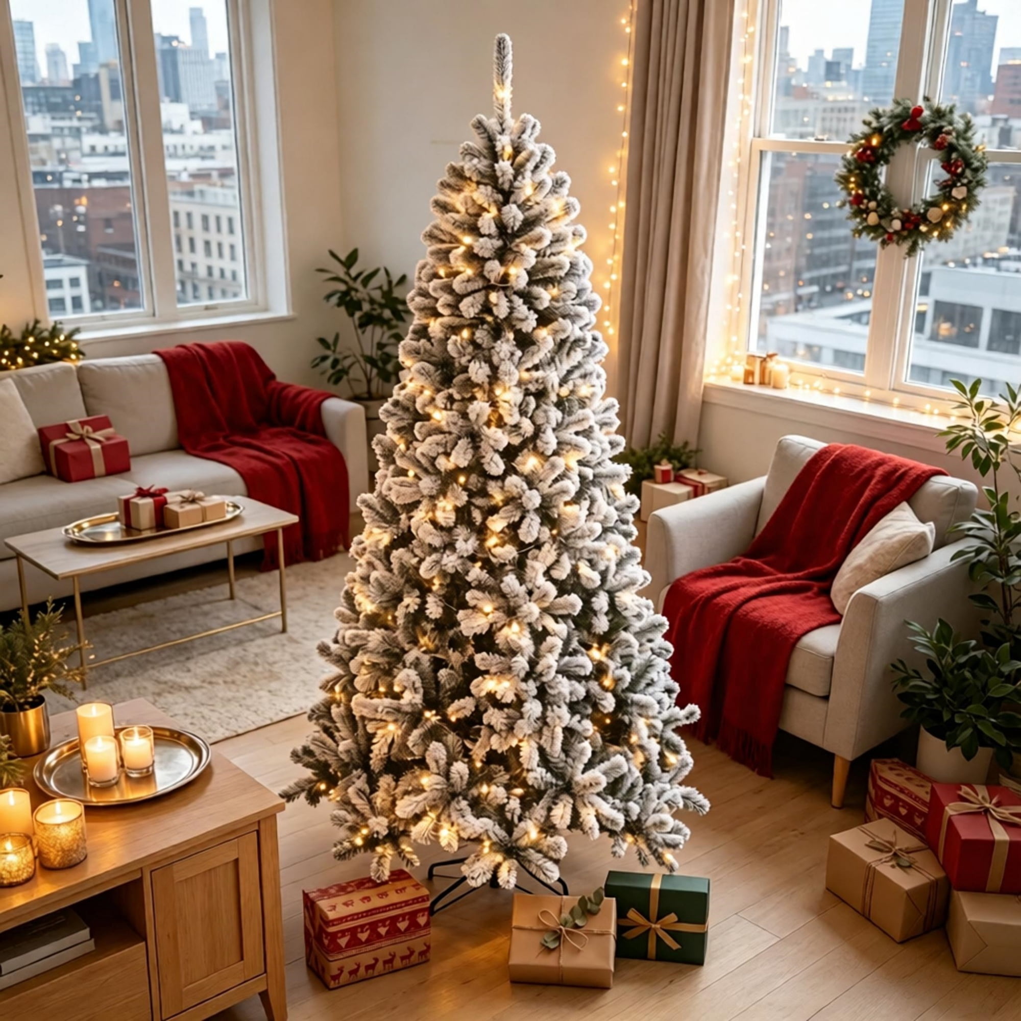 7.5 ft Pre-Lit Flocked Artificial Christmas Tree with 350 Warm White LEDs, 1201 Tips, PVC Foliage and Steel Stand for Indoor Holiday Decor