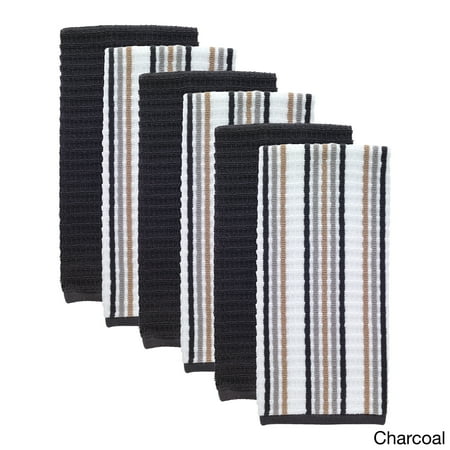 Solid and Stripe Waffle Kitchen Towel, Six Pack, Charcoal