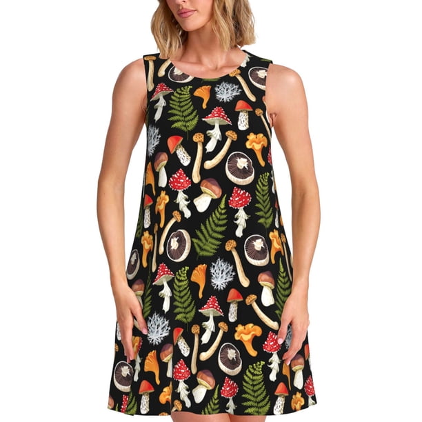 Fotbe Mushrooms Vestido de Verano sin Mangas para Mujer – Vestido Midi Línea A, Estilo Camiseta Floral, Vestido Playero Casual y Fluido