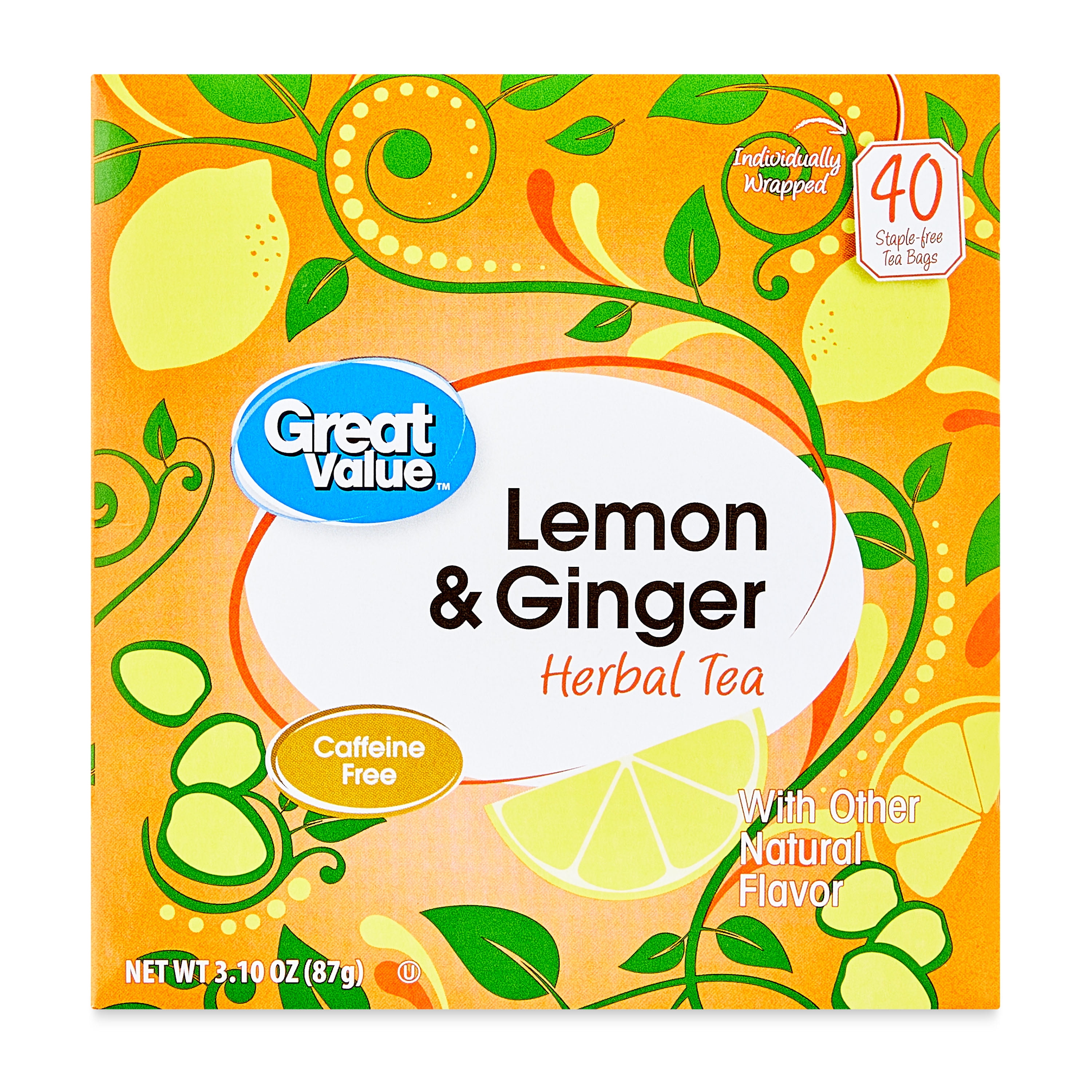Great Value Lemon Ginger Herbal Tea 40 Ct Hot and Iced Tea