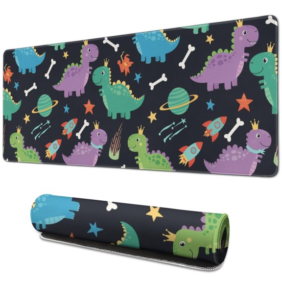 Long Mouse Pads for Desk,Space Dinosaur with Crown Pattern Desk Mats on Top Of Desks, Desk Mouse Pad Extra Large with 3mm Non-Slip Base and Stitched Edge for Gaming,Office,Work,Home 31.5"x11.8"