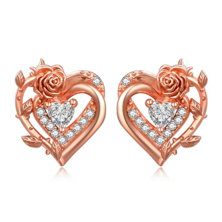 Rose Stud Earrings for Women Sterling Silver Rose Gold Heart Stud Earrings April Birthstone Stud Earrings Rose Rhinestone Stud Earrings Gifts for Women