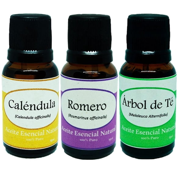 Pack de 3 aceites esenciales naturales Krisamex caléndula, romero y tea tree 15 ml c/u