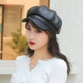 thumbnail image 2 of Clearance! Fdelink Beret Hat Winter Hats Women's Beret Leather Solid Color Versatile Painter Hat Spring Octagonal Hat Black, 2 of 8