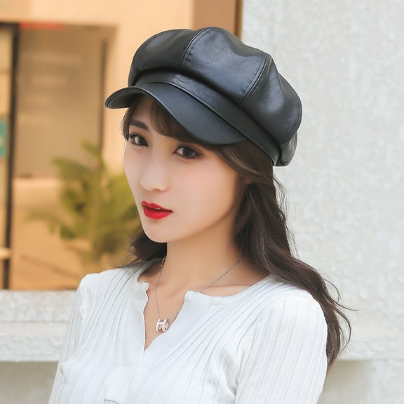 Hunpta Beret Hats For Women Beret Leather Solid Color Versatile Painter Hat Spring Octagonal Hat