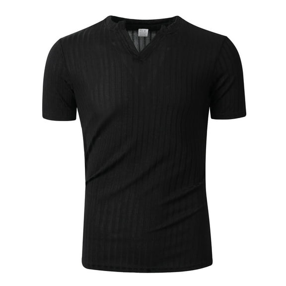 Afdoent Men's Casual Shirts Male Summer Sports Fitness And Leisure Vertical Stripe Elastic Vertical Stripe V Neck Short Sleeve Shirt Classic Fit Summer Tops