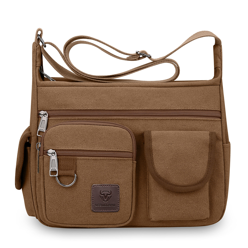 LEBULLBRO Canvas Messenger Bag for Mens Womens Multi-pockets 13 inch Laptop Shoulder Sling Bags School Crossbody Bags Travel Brown